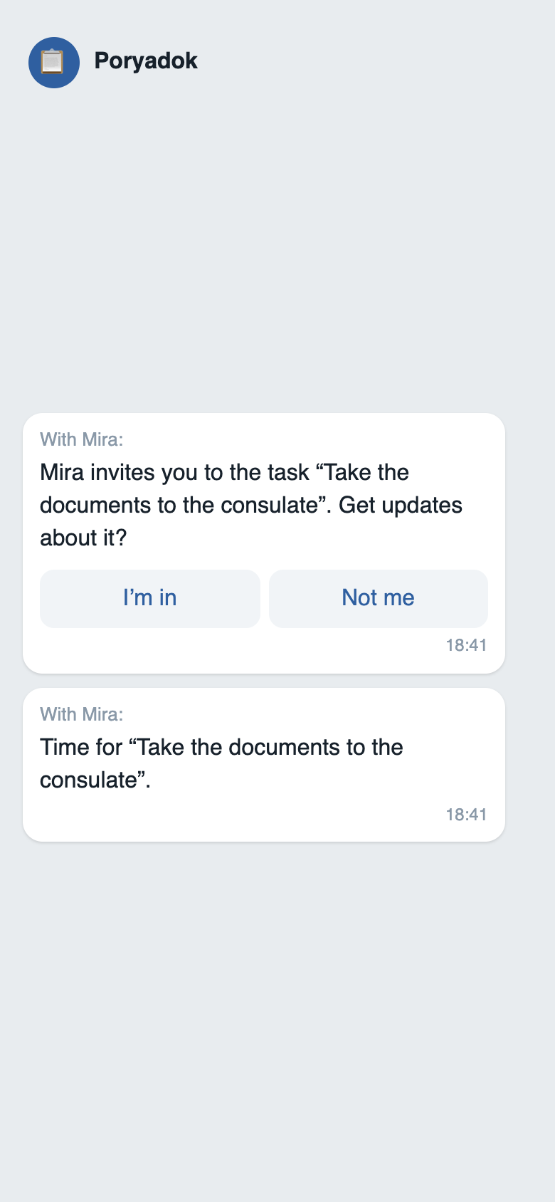 The Telegram bot: an invitation to a task and «Time for…»