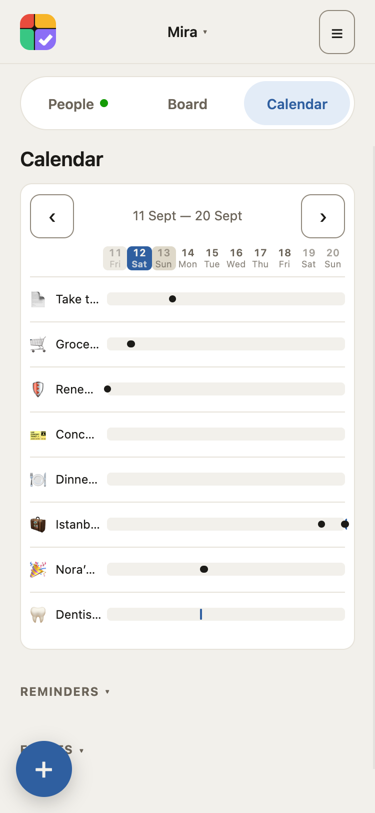One feed: task dates, events and bookings alongside what’s in your Google Calendar. Below — reminders and upcoming events.