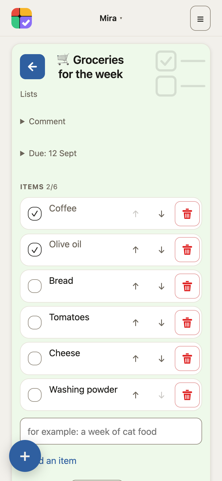 A list: items and the colour of the deadline