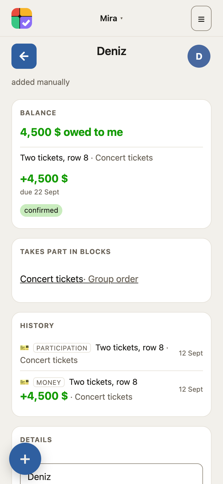 A person's card: shared blocks and the money between you