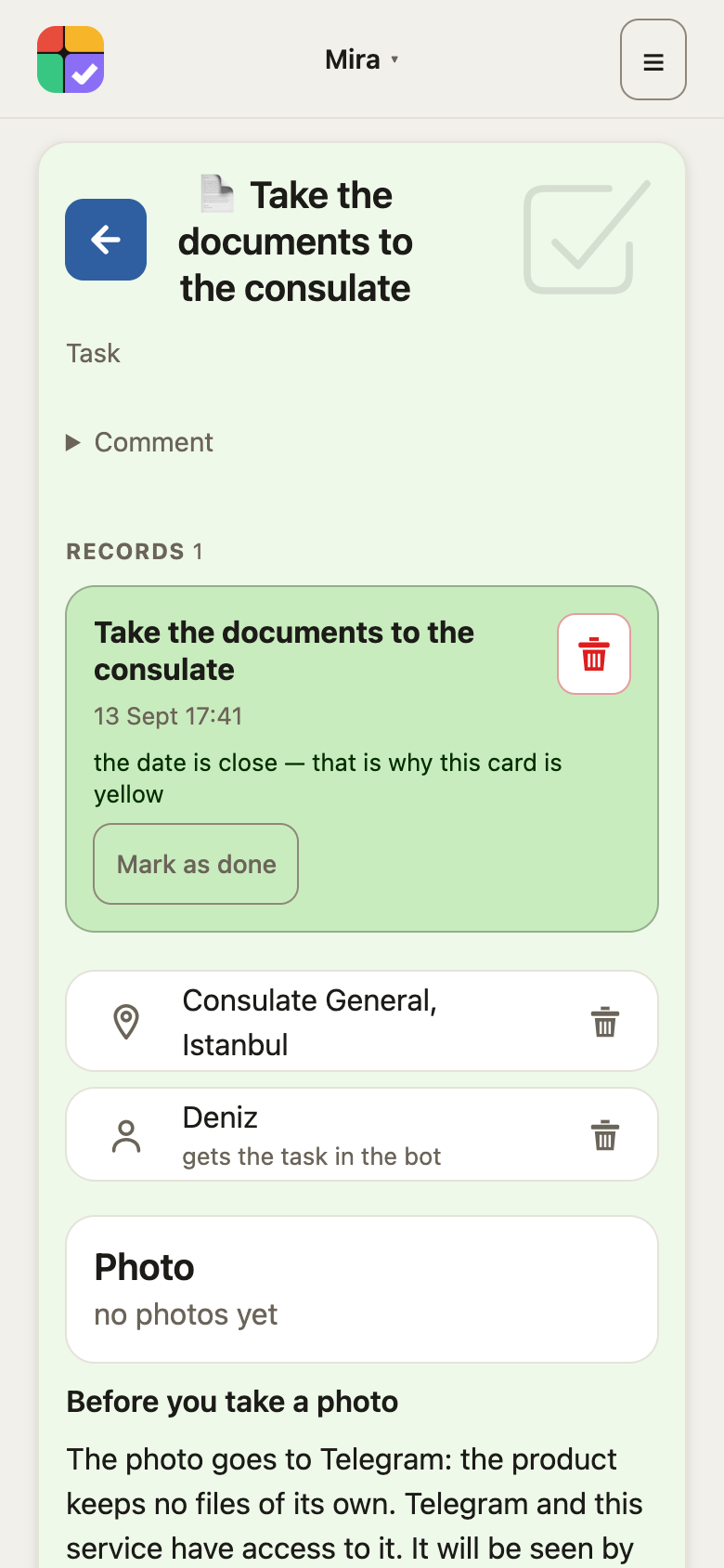A task: deadline, place and people