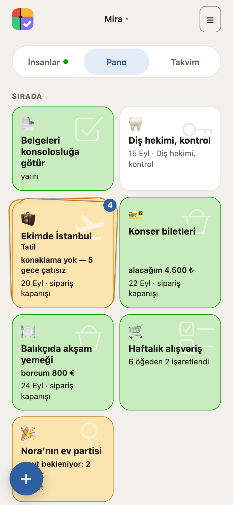 Pano: sıradan kartlar ve bir deste — rezervasyonları ve işleriyle bir gezi