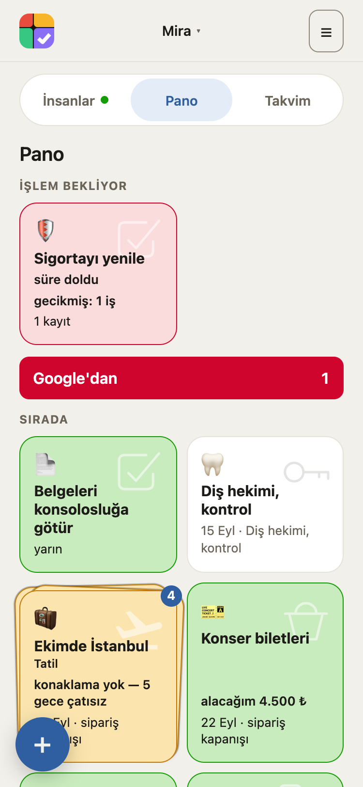 Renk kendi söyler: kırmızı işlem bekler, sarı tarihi yaklaşır, yeşilin daha vakti var. Yolculuk tek bir yığın: rezervasyonlar, biletler ve listeler. Mektuptan gelen rezervasyon şimdiden burada — geriye onu nereye koyacağına karar vermek kalıyor.