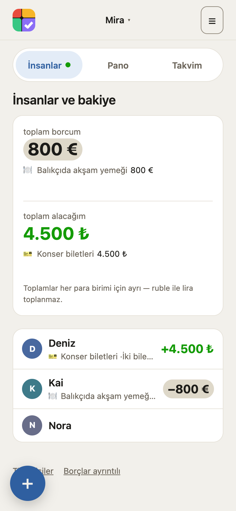Üstte bakiye: sana borçlu olunan ve senin borcun, her para biriminde. Altta insanlar: her birinin tek kartı, ortak işler ve paralarla birlikte.
