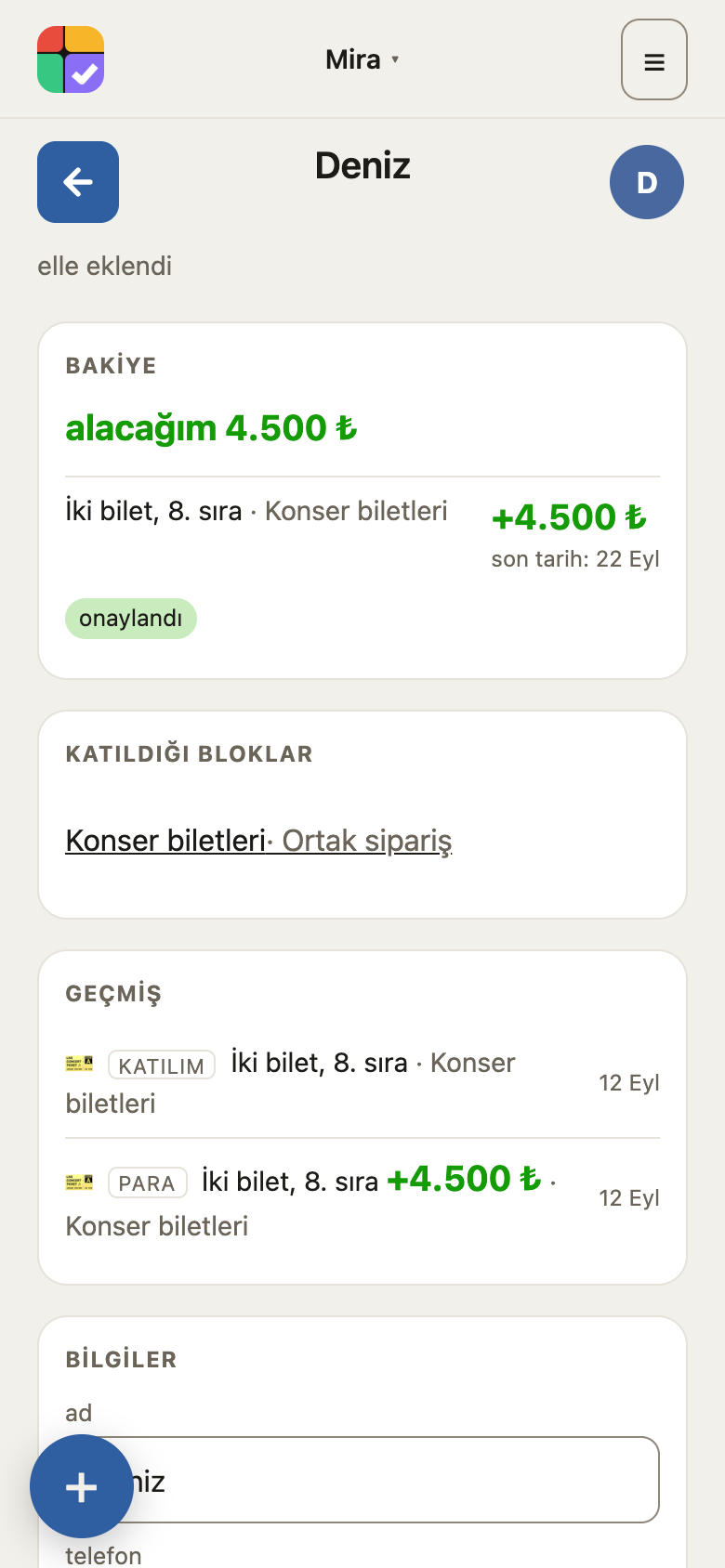 Kişi kartı: ortak bloklar ve aranızdaki para